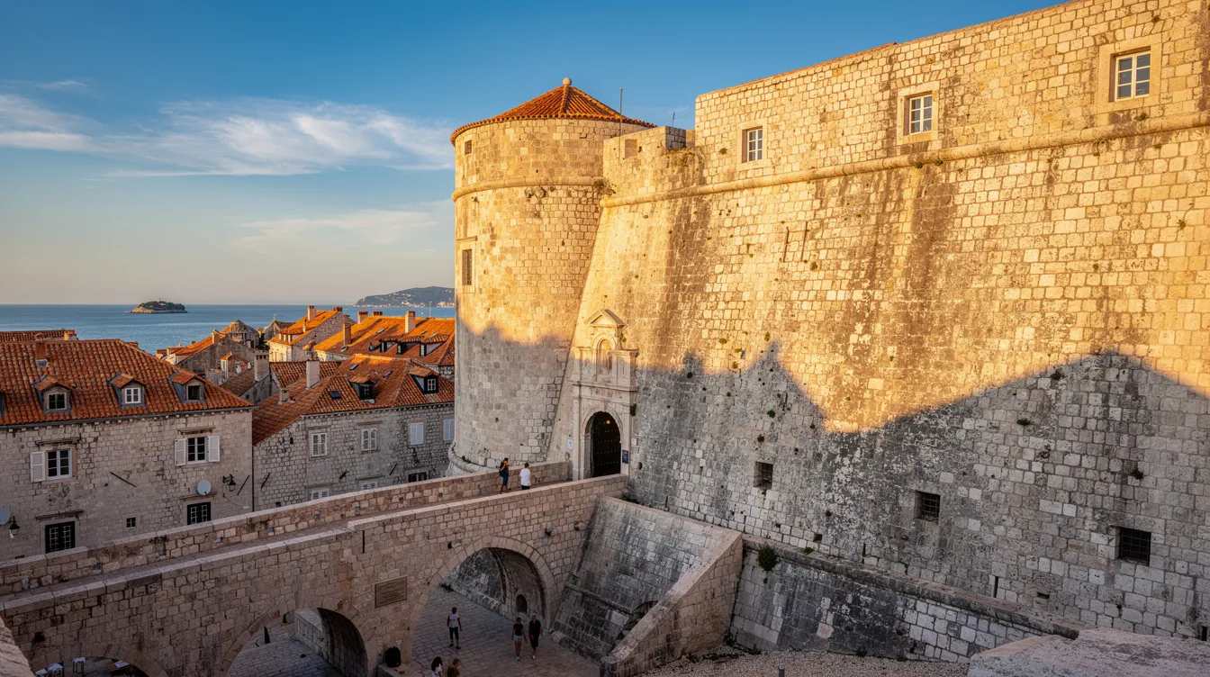 A imagem mostra a Fortaleza Revelin, localizada em Dubrovnik, Croácia, com vista para o mar Adriático. A construção histórica, que remonta ao Império Austro-Húngaro, destaca-se pela sua imponente arquitetura e pela rica história da cidade, um destino popular na região dos Bálcãs.