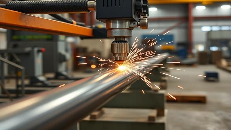 A laser tube cutting machine working on a long steel tube with efficiency.