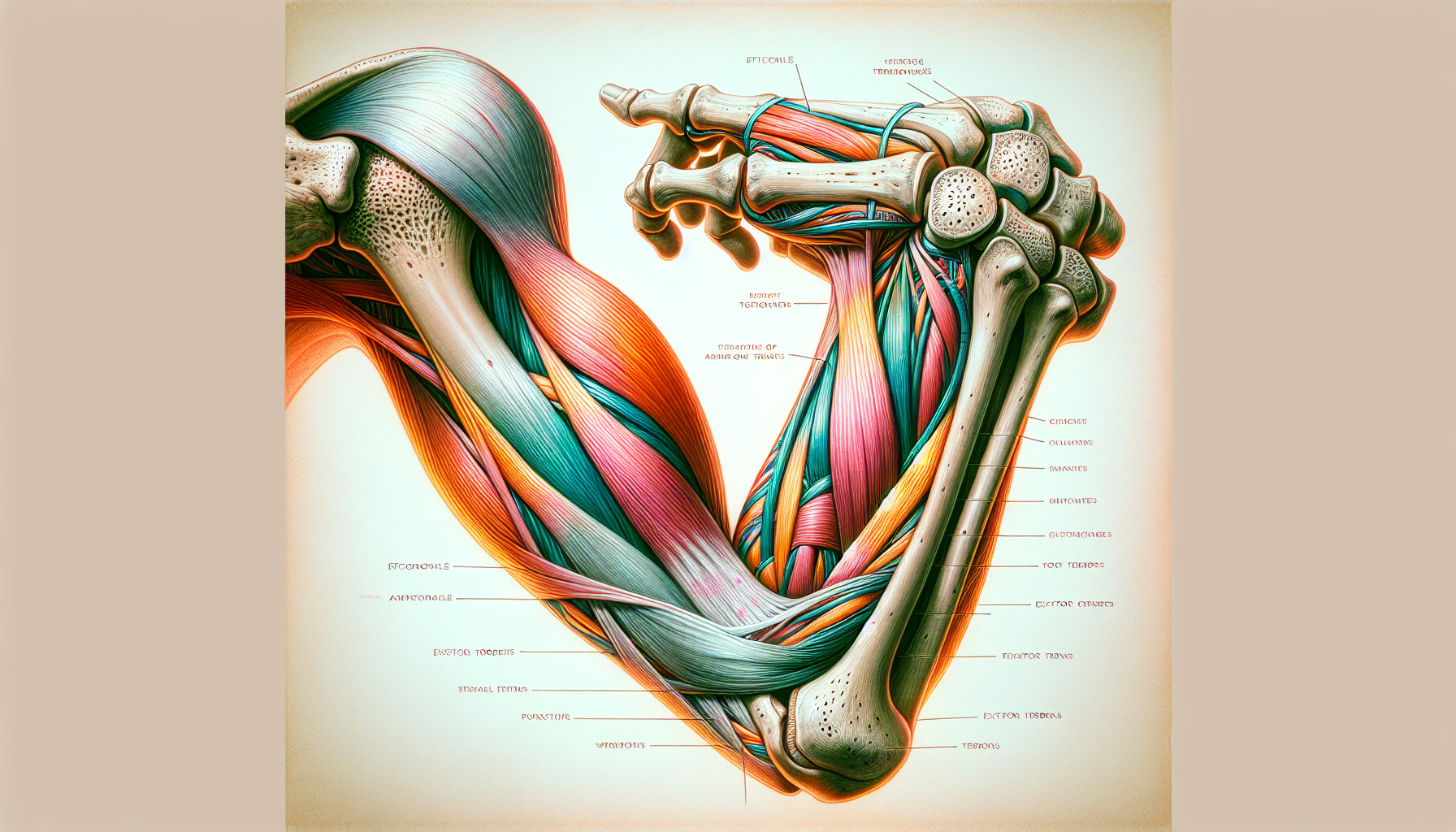 Illustrazione che mostra l'epicondilo e i tendini estensori del polso.