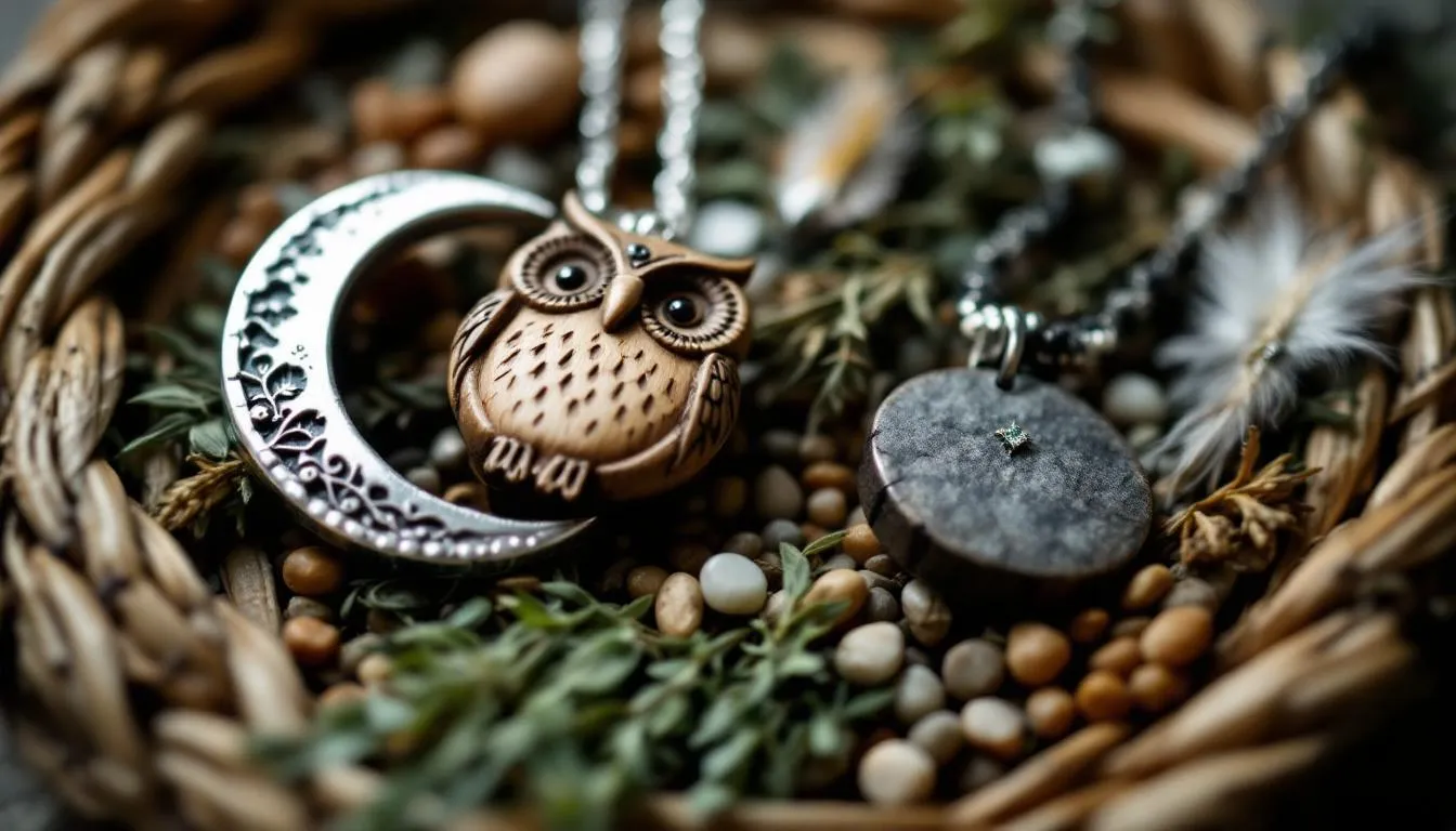 A beautifully designed piece of hedge witch jewelry featuring intricate silver chains and nature-inspired elements, perfect for those who appreciate unique and mystical accessories. This enchanting piece is available for purchase and adds a touch of magic to any outfit.