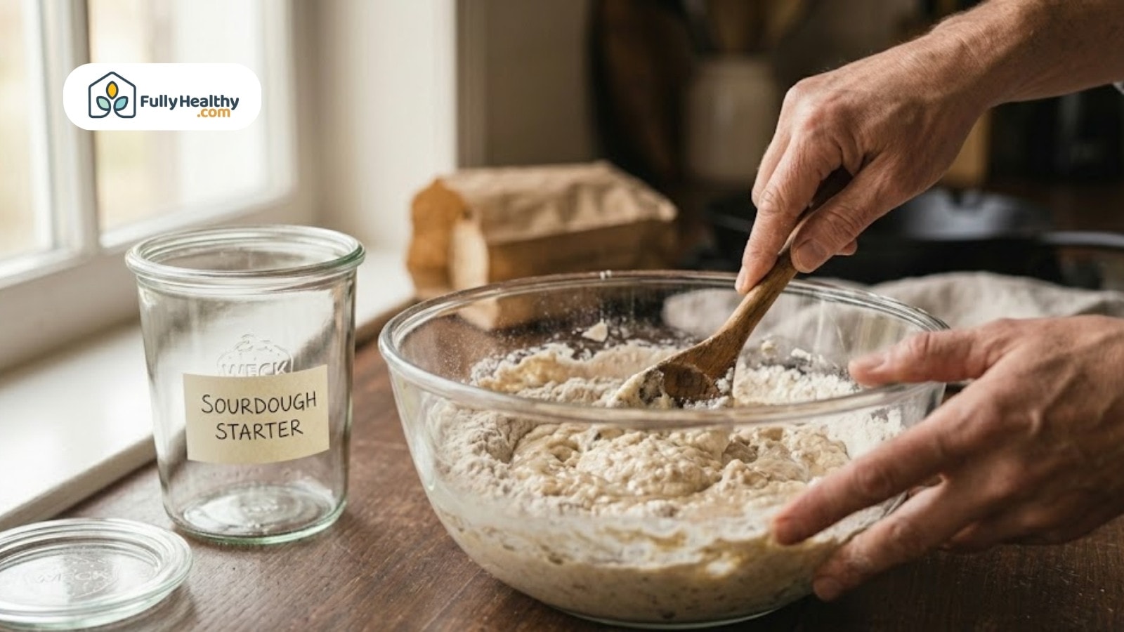 Mixing sourdough starter and flour in glass bowl