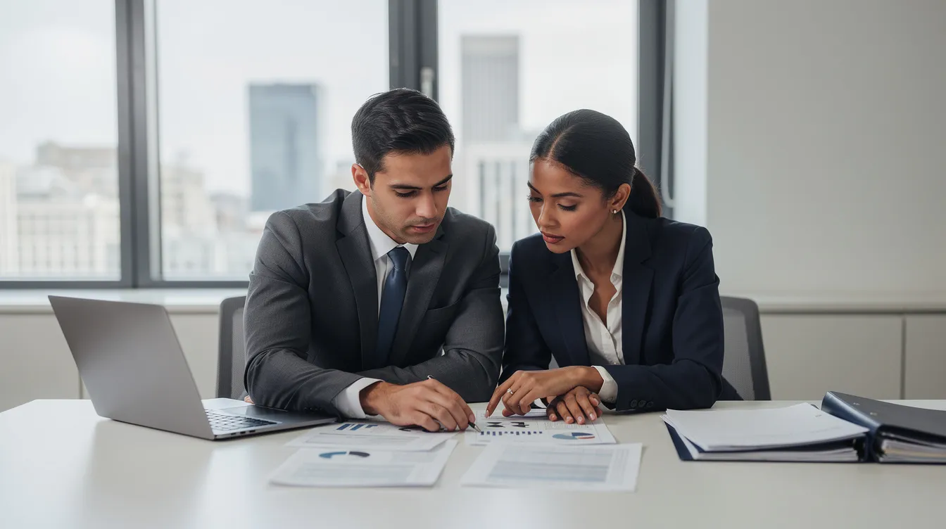 The image shows two business professionals engaged in a serious discussion while reviewing documents at a desk, likely related to their work in the auto transport industry. They appear focused and collaborative, suggesting a partnership in navigating car shipping services or discussing car transport strategies.