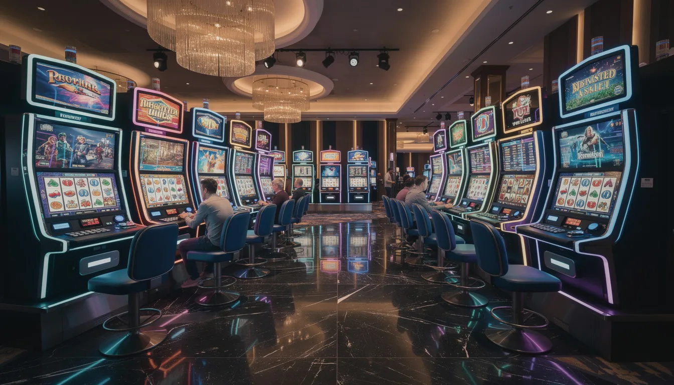 En modern casinomiljö med färgglada spelautomater och stämningsfull belysning skapar en livlig atmosfär där spelare kan njuta av olika spel, inklusive "ancient fortunes poseidon megaways". Casinot erbjuder även bonusar som 150 free spins för nya spelare, vilket gör det till en spännande plats för underhållning och möjligheter att vinna stora rikedomar.