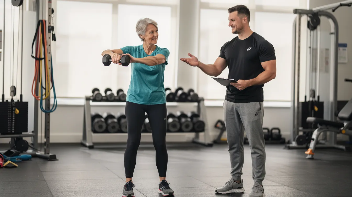 An older woman is engaged in supervised resistance training, focusing on maintaining muscle mass and strength as part of her exercise routine. This activity highlights the importance of physical function and healthy aging, which can be enhanced by dietary supplements like creatine for women.
