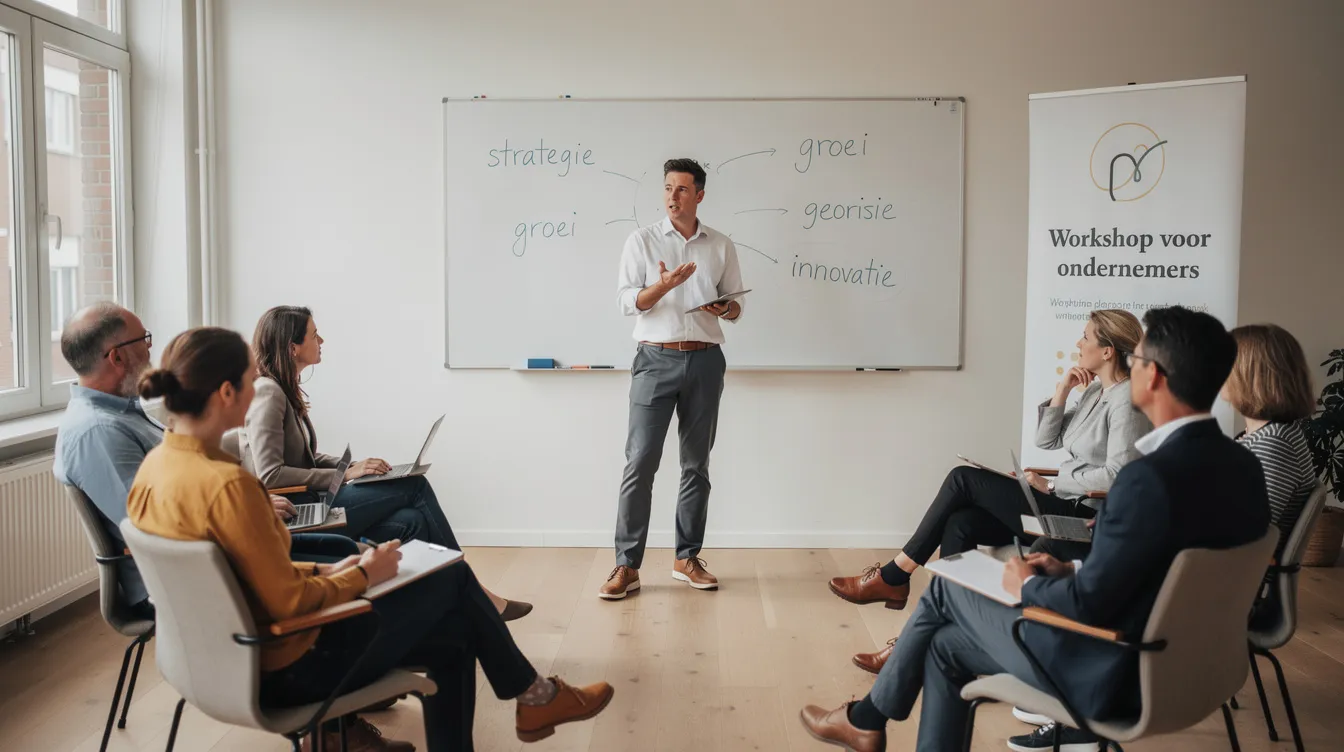 Een jongeman, Kees, staat voor een kleine groep ondernemers in een workshopruimte en deelt zijn ervaringen over het maken van fouten en het leren samen met zijn compagnon. De sfeer is interactief, waarbij de deelnemers actief luisteren en vragen stellen.