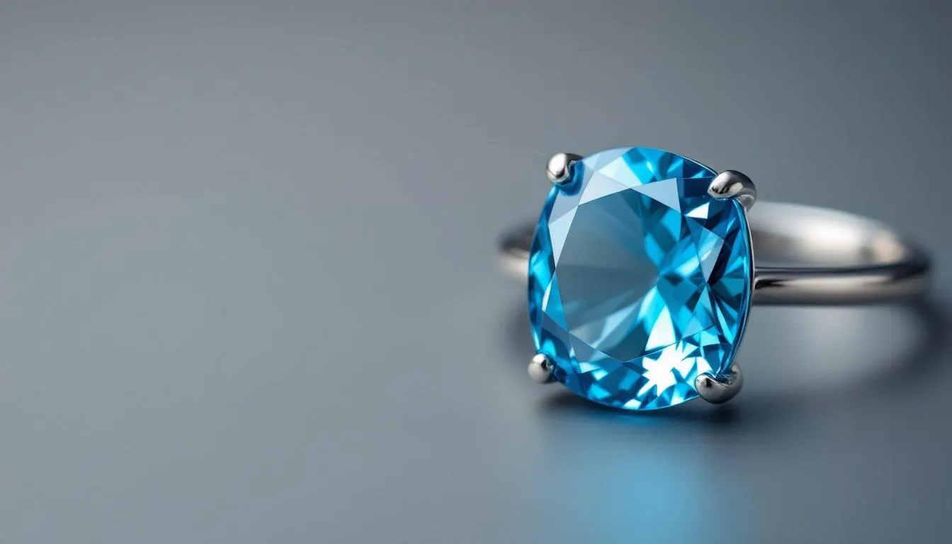 The image showcases a stunning array of blue topaz gemstones, highlighting the versatility of the December birthstone. Different shades, including sky blue, swiss blue, and london blue, are displayed in various cuts, perfect for elegant jewelry pieces like rings and earrings.