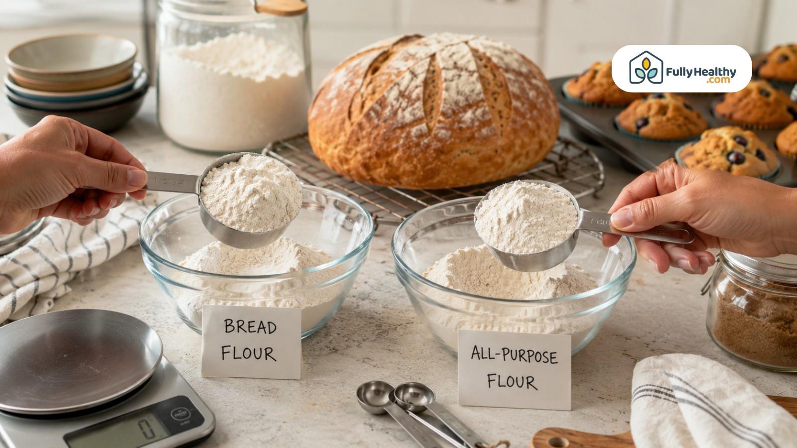 Hands measuring bread flour and all-purpose flour beside fresh bread and muffins