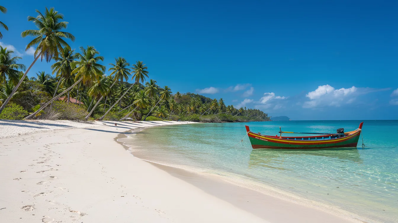Praia brasileira com água cristalina e areia branca, cercada por coqueiros, onde um barco colorido está ancorado perto da costa, criando um cenário perfeito para férias em família. Essa imagem evoca a experiência de turismo e viagens em destinos paradisíacos do Brasil.