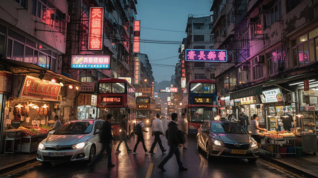 The image captures a bustling street in Hong Kong at dusk, filled with small shops adorned with vibrant neon signs, showcasing the lively atmosphere of the city's 中小企業. The scene reflects the dynamic spirit of local businesses and their 营商 opportunities.