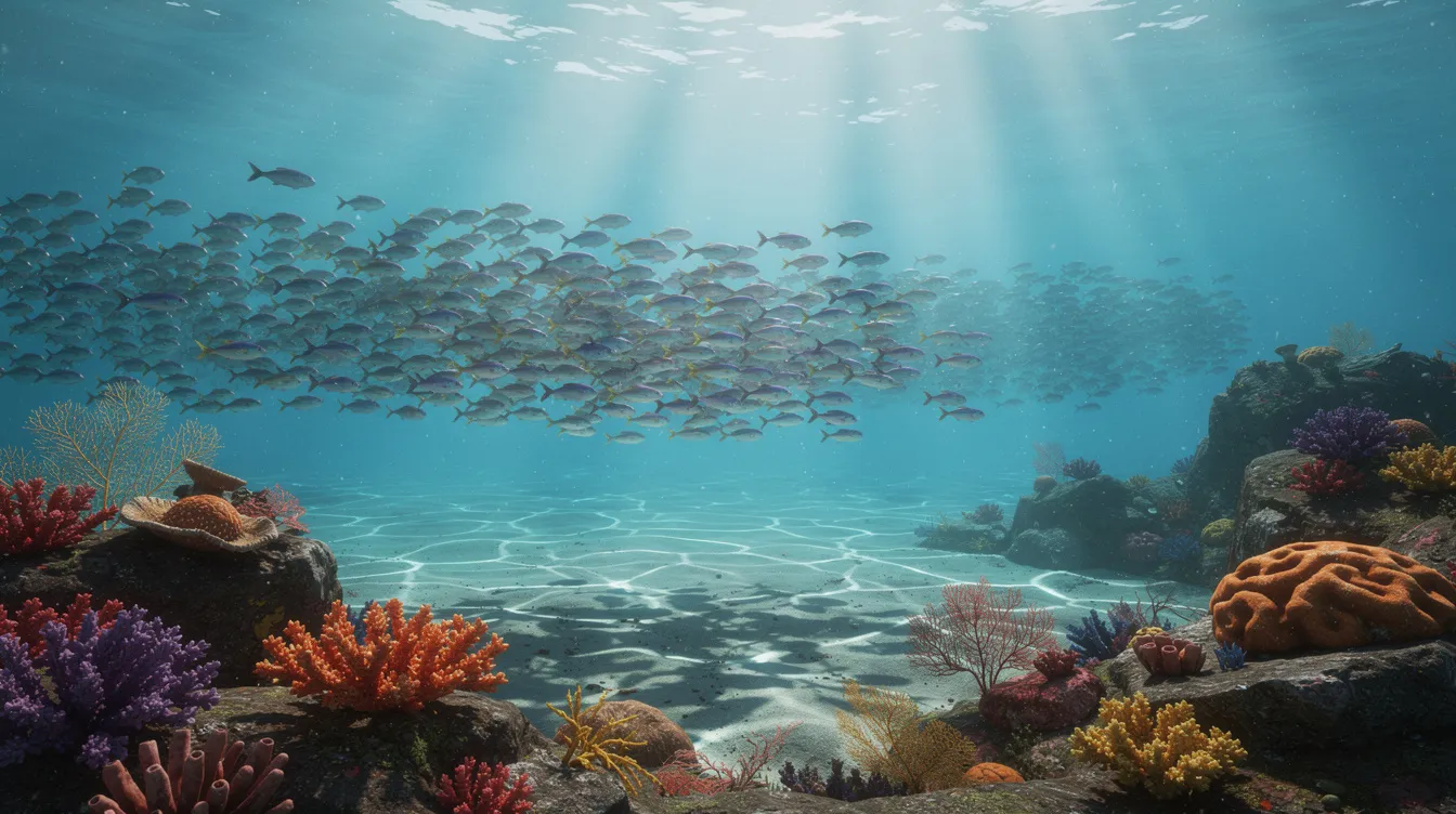 Die Unterwasserszene zeigt Lichtstrahlen, die durch das klare, blaue Wasser fallen, während Schwärme bunter Fische um lebendige Korallenformationen schwimmen. Diese harmonische Kombination aus Licht und Farben erinnert an die beeindruckende Filmmusik von Hans Zimmer, die oft eine ähnliche Atmosphäre schafft.