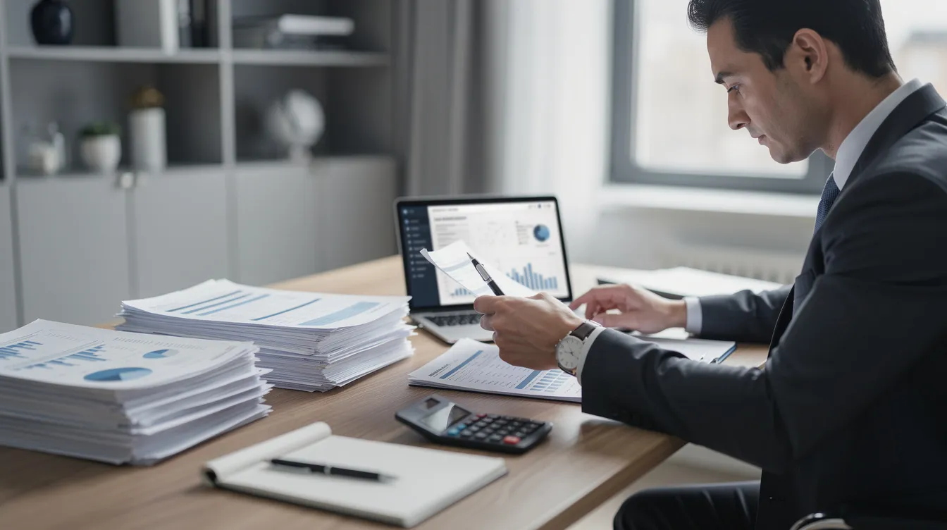 A professional tax consultant is seated at a desk, reviewing financial documents and records on a laptop, focusing on tax credits related to research and development activities. The environment suggests a meticulous approach to evaluating eligible activities and necessary documentation for potential tax savings.