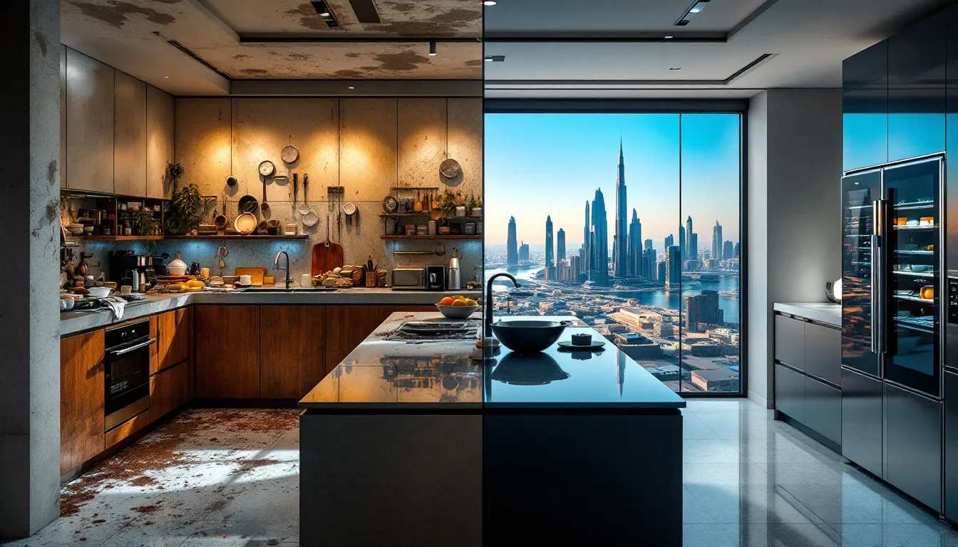 A before and after comparison of a kitchen deep cleaning service in Dubai.