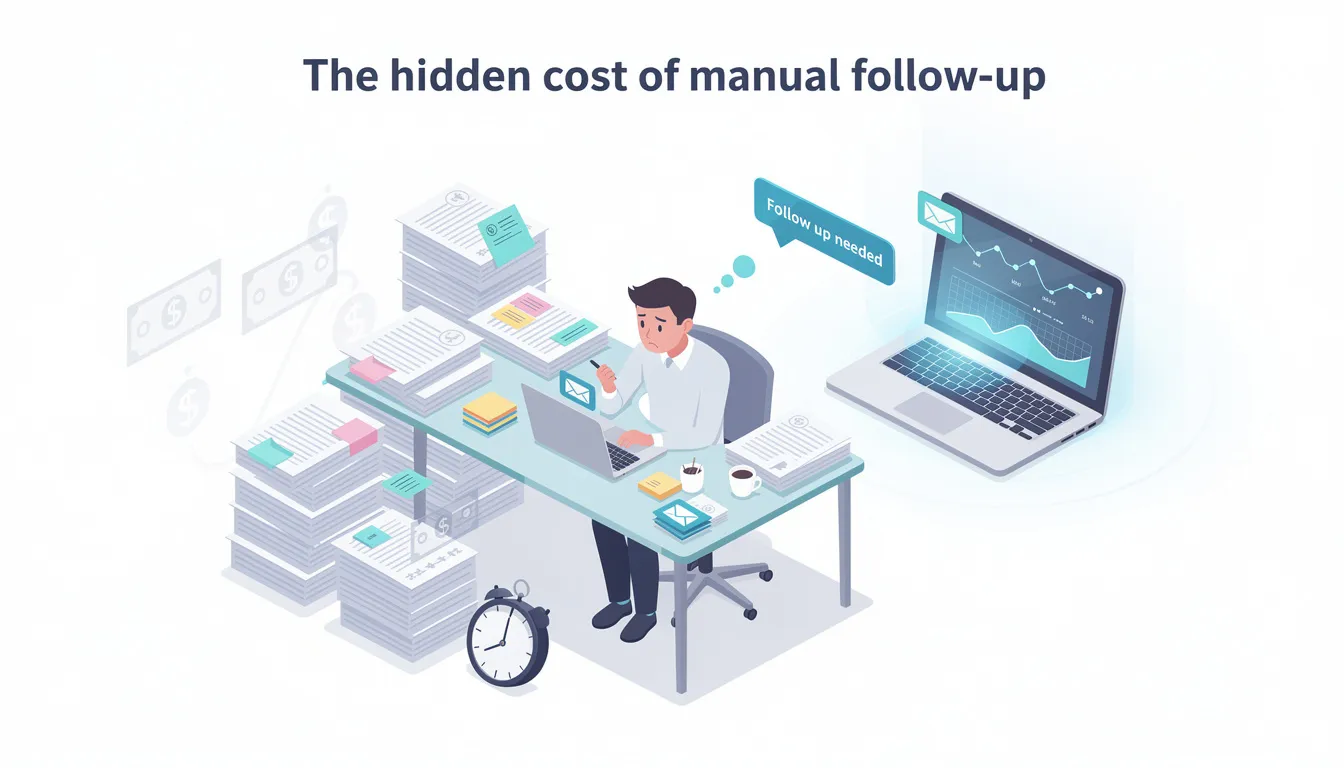 The image illustrates the concept of the hidden costs associated with manual lead follow up, highlighting the inefficiencies faced by sales teams in tracking and nurturing new leads. It contrasts this with the benefits of using an automated follow up system, emphasizing how marketing automation software can streamline the lead follow up process and improve conversion rates.