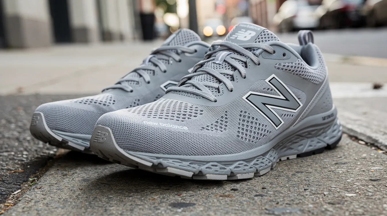 A pair of gray New Balance athletic sneakers rests on a city sidewalk, showcasing their sleek design and versatile style, ideal for casual outfits and walking. These comfortable shoes offer plush cushioning and arch support, making them a popular choice for long distances and all-day wear.