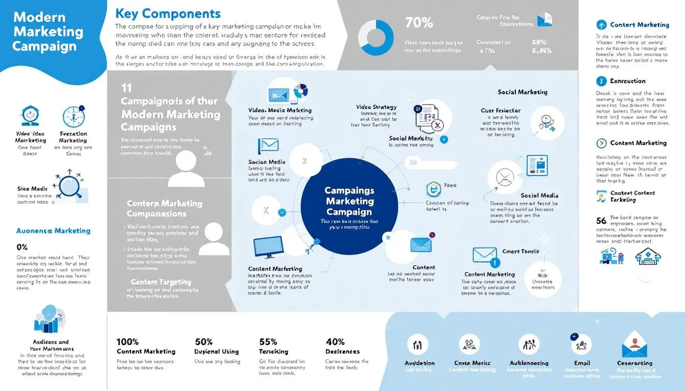 The image depicts a detailed marketing campaign plan, showcasing various types of marketing campaigns, including video marketing campaigns and social media marketing strategies. It highlights key elements such as target audience, campaign goals, and the timeline for successful marketing efforts aimed at building brand awareness and engaging existing and potential customers.