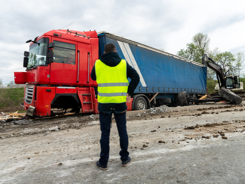 Image showing a person investigating a semi truck accident scene.
