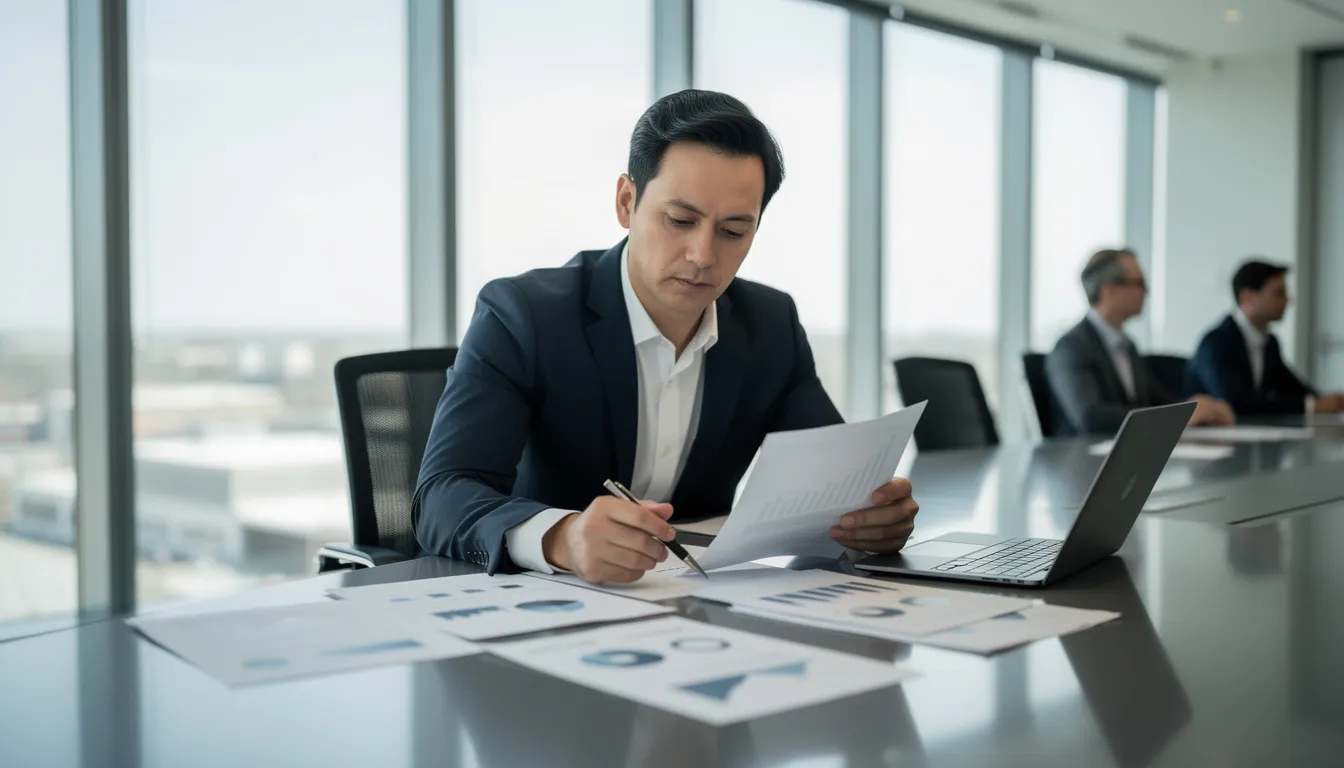 A professional in business attire is seated at a meeting room table, reviewing documents and reports, likely discussing insurance policies and renewal quotes with clients. The atmosphere suggests a focus on providing expert advice and competitive prices to ensure the best coverage for their customers.