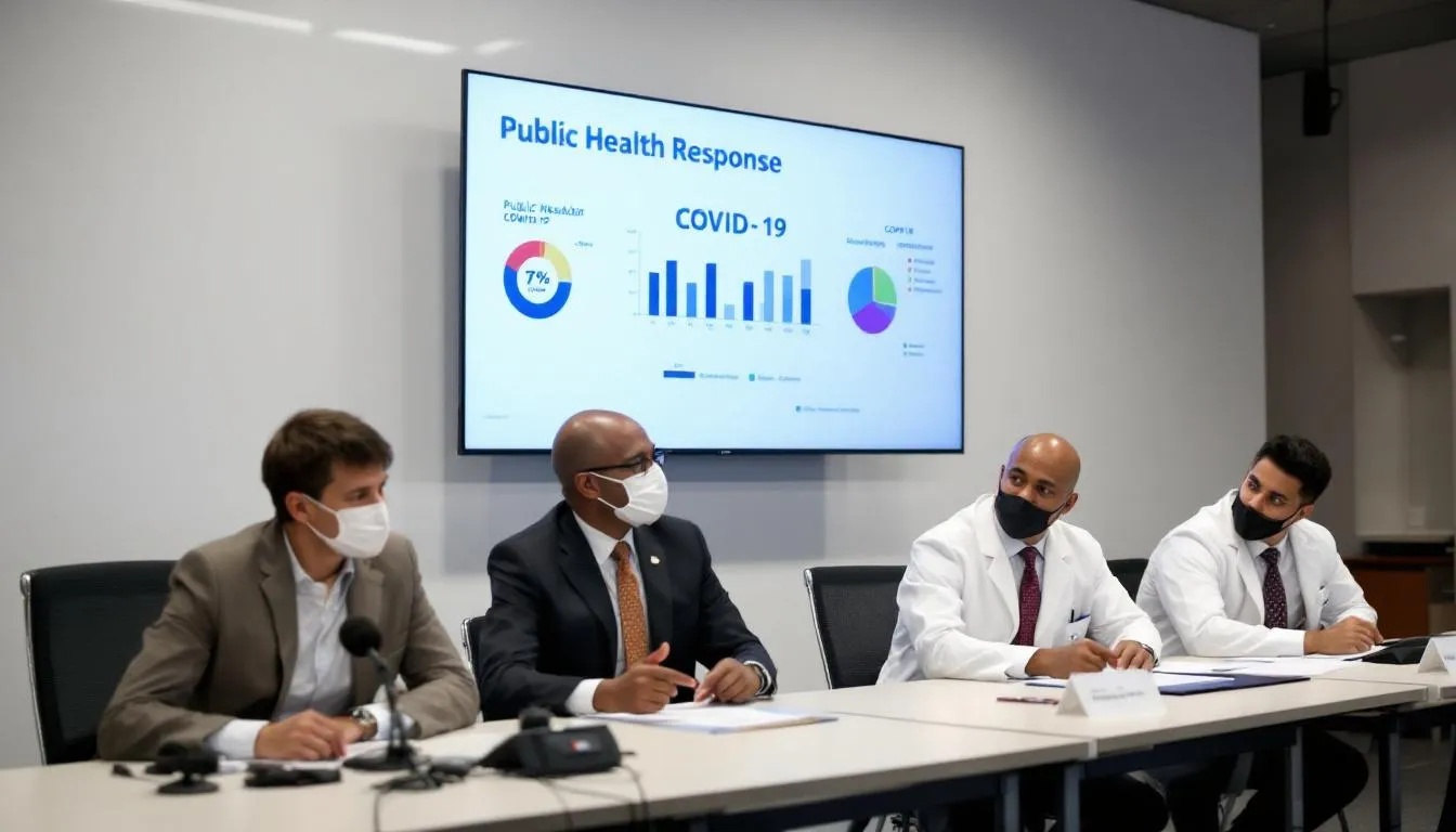 The image depicts public health officials, including New York City's chief medical officer, at a press conference discussing COVID-19 response strategies. They are addressing the media and emphasizing the importance of pandemic prevention and maintaining public confidence in the health system during this greatest public health crisis.