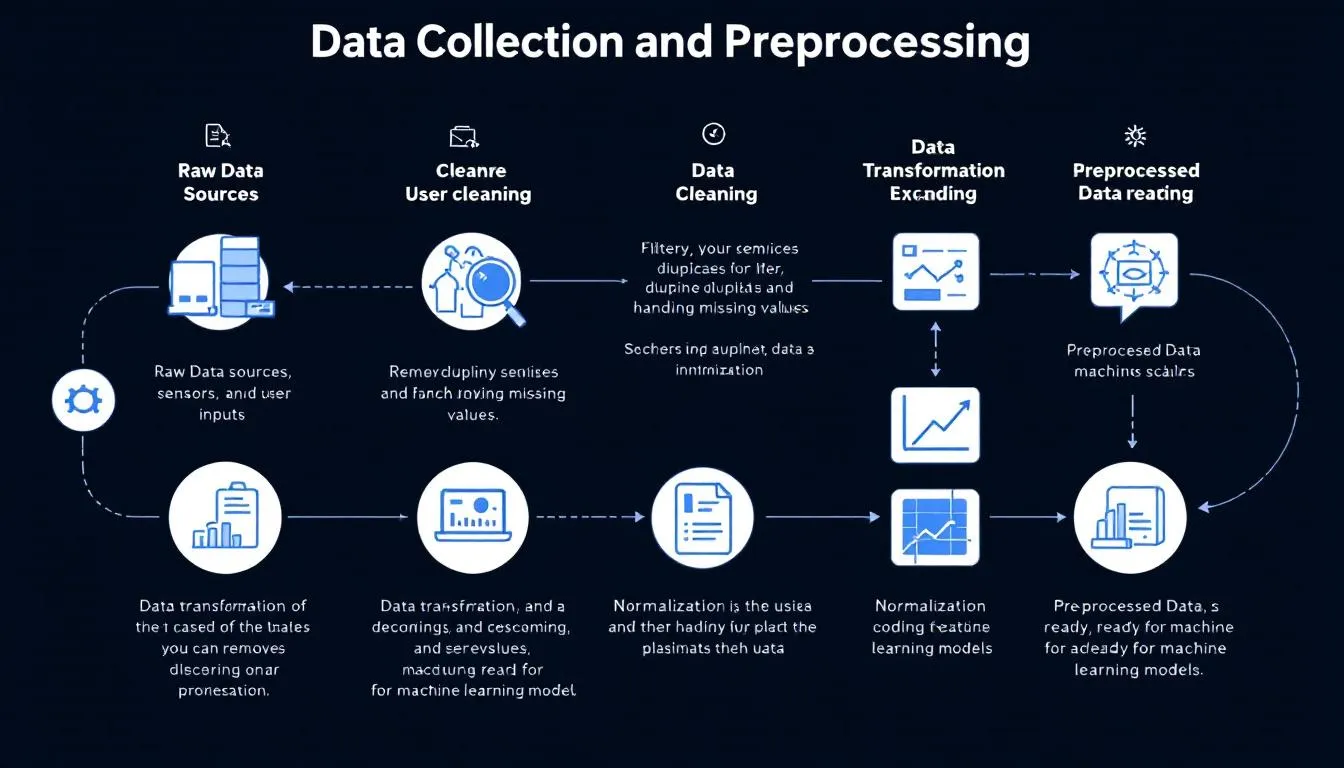 The image illustrates the process of data collection and preprocessing in the manufacturing industry, highlighting the importance of gathering historical data and cleaning raw data to optimize production processes. It emphasizes the use of predictive analytics tools and machine learning algorithms to derive valuable insights for improved customer satisfaction and operational efficiency.