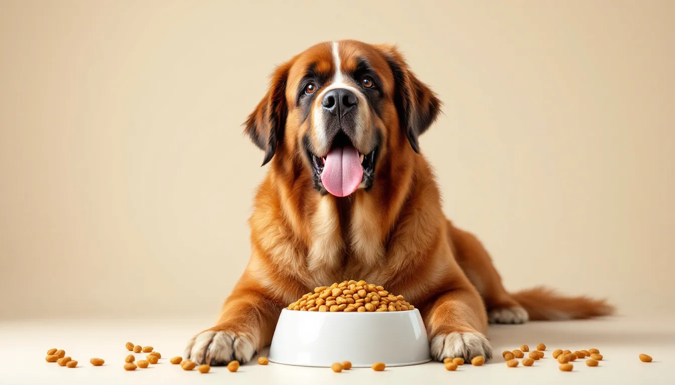 A Saint Bernard dog is happily eating high-quality dog food from a sturdy dog bowl, showcasing its affectionate nature and gentle giant stature. The dog's thick, fluffy coat and large size are characteristic of the Saint Bernard breed, known for their friendly demeanor and companionship.