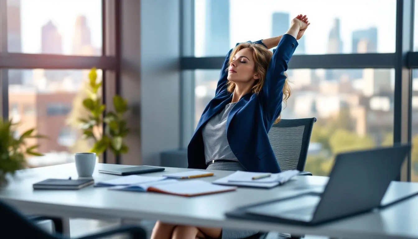A professional woman in business attire is performing desk stretches in a modern office setting, with her left leg straight and arms reaching high diagonally. This exercise promotes body awareness and enhances posture, contributing to her overall well-being and mental health.