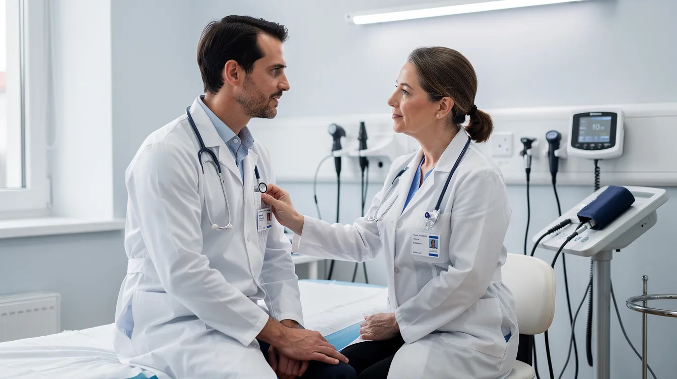 A medical professional is examining a patient in a clinic, providing necessary medical attention and assessing any accident-related injuries. This consultation is crucial for those who have been involved in a car accident, as it helps in documenting medical records for potential insurance claims and pursuing compensation for medical expenses.