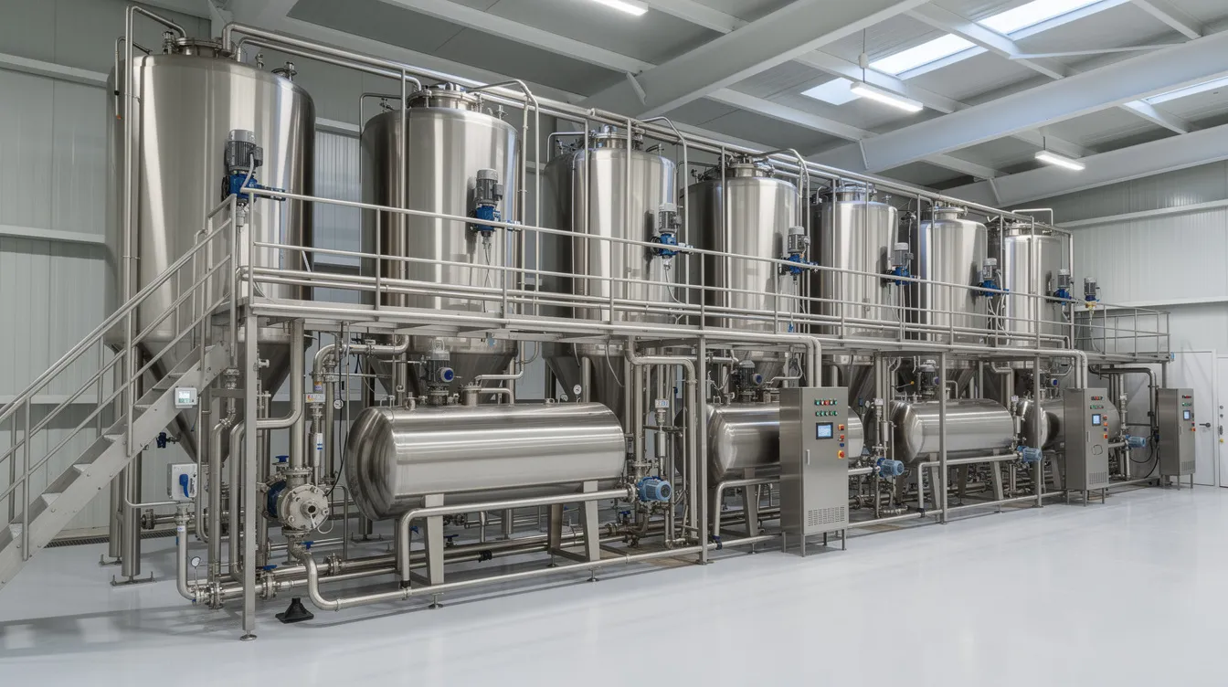fbe421f6 6746 4841 b7b8 bccb445ca451 The image depicts a large, clean stainless steel dairy processing facility featuring extensive piping, tanks, and industrial equipment, integral to the manufacturing process of whey protein. This modern whey protein manufacturing plant is designed for efficient production, showcasing the advanced technology used in the whey protein industry.