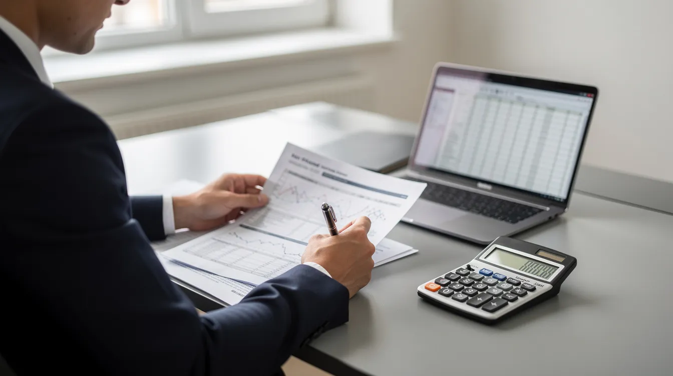 A person is seated at a desk, carefully reviewing financial documents with a calculator and a laptop in front of them. The scene conveys a focus on managing finances, possibly related to applying for loans or assessing credit scores.