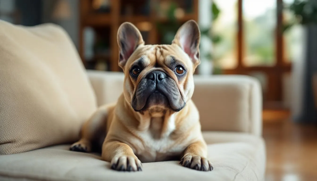 A small French Bulldog with a characteristic wrinkled face and deep facial wrinkles is comfortably sitting on a couch, showcasing its adorable appearance and loose skin. The dog's droopy ears and affectionate nature make it an excellent companion, embodying the charm of wrinkly dog breeds.