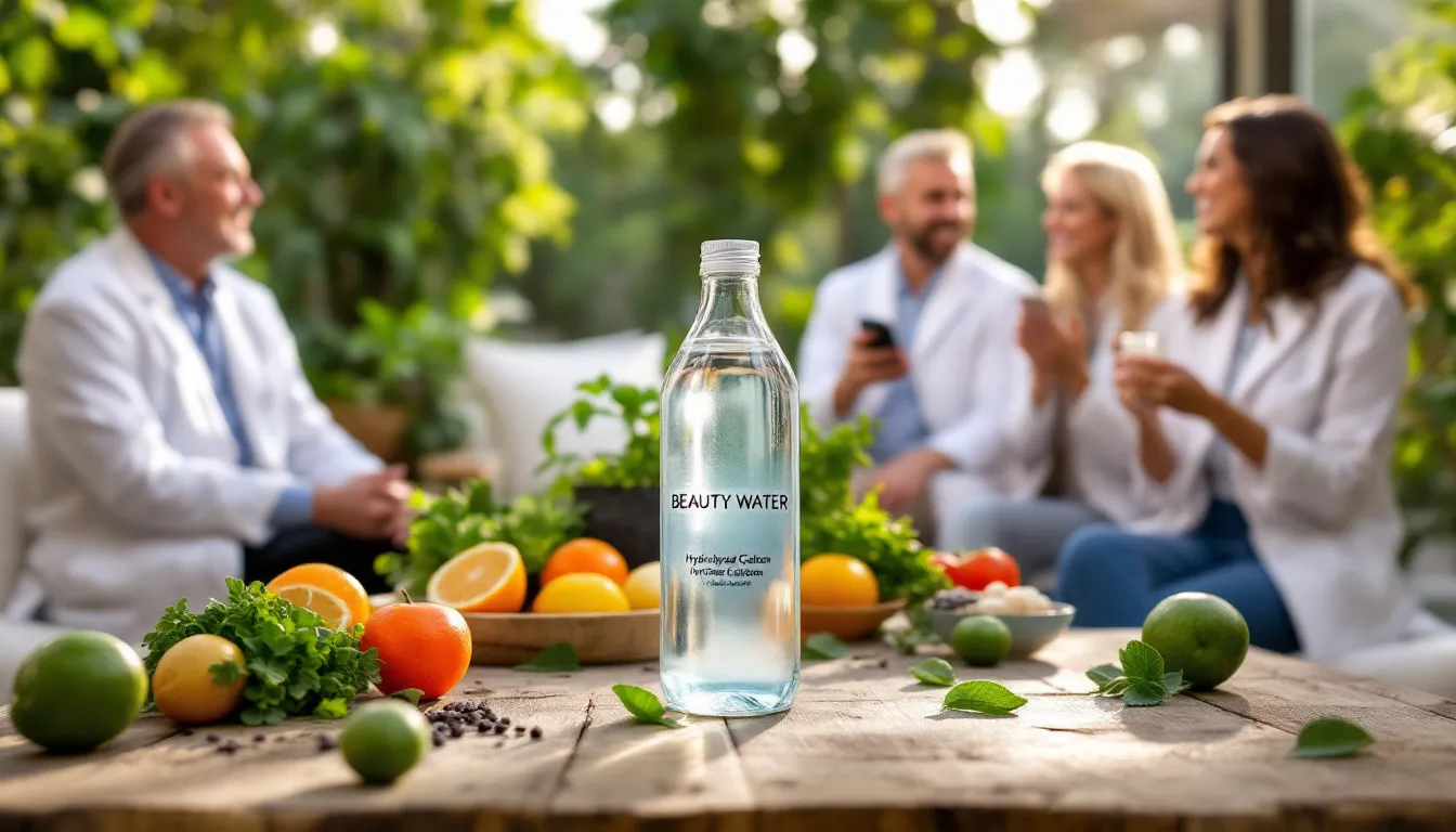 Una botella de Beauty Water con colágeno hidrolizado en un entorno natural.