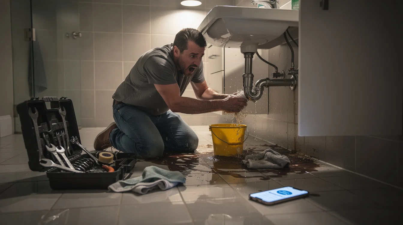 An emergency plumber is arriving at a residential property to address a plumbing emergency involving a broken water supply pipe, which has caused significant water damage. The scene highlights the urgency of the situation as the service technician prepares to assess the plumbing issue and prevent further damage.