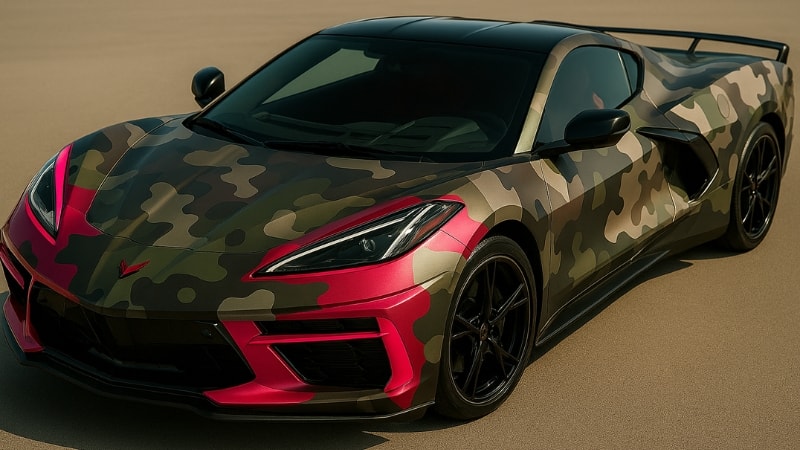 A camouflage wrap with a pop of pink color