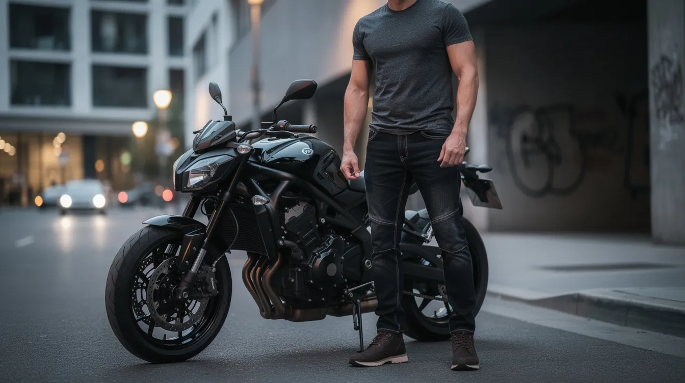 Ein Mann in dunklen Slim-Fit-Motorradjeans steht neben einem Motorrad in einer urbanen Umgebung. Die Jeans bieten sowohl Komfort als auch Schutz für Motorradfahrer und sind aus robustem Denim-Stoff gefertigt, der für Sicherheit und Bewegungsfreiheit sorgt.