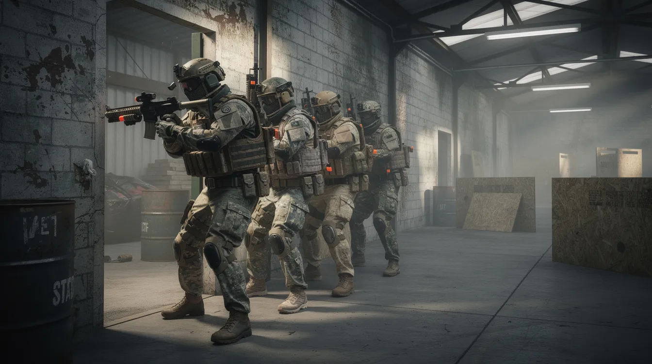 A team of airsoft players in tactical gear is positioned by a doorway inside an industrial warehouse arena, preparing for a close quarters battle. They demonstrate teamwork and coordination, ready to engage in room clearing drills and apply common CQB tactics in a confined space.