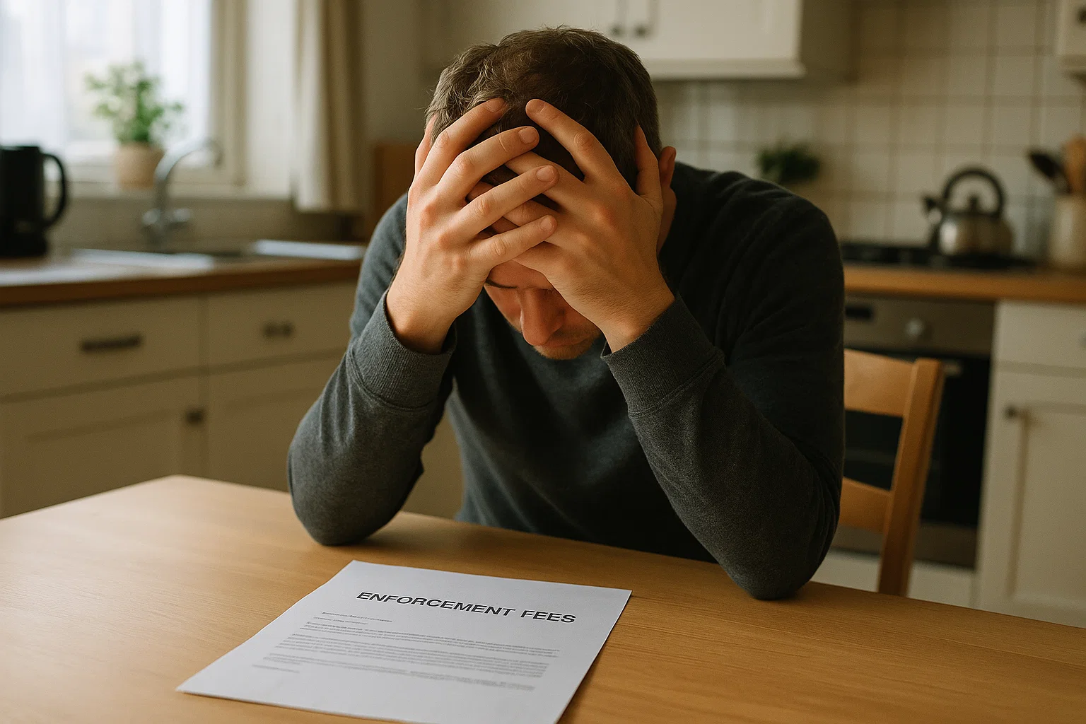 Person reviewing a letter showing bailiff fees at home, learning about enforcement charges and repayment options.