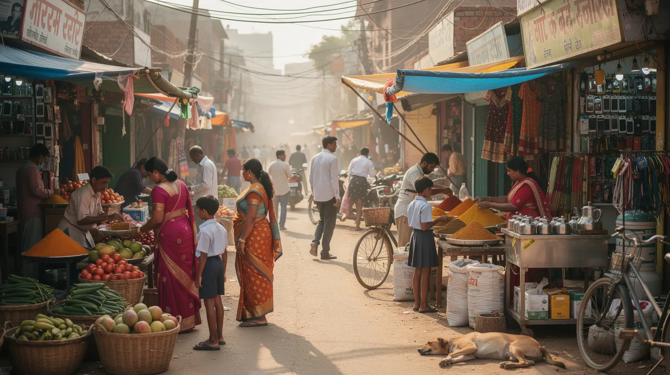 fbf1eb86 0c94 4e18 8c0c 7b31483a6017 The image depicts a bustling small-town Indian market filled with various shops and vendors actively serving customers, showcasing a vibrant atmosphere. This scene reflects the importance of micro and small businesses in India, which often benefit from financial assistance through schemes like the Pradhan Mantri Mudra Yojana (PMMY), providing collateral-free loans to support income-generating activities.