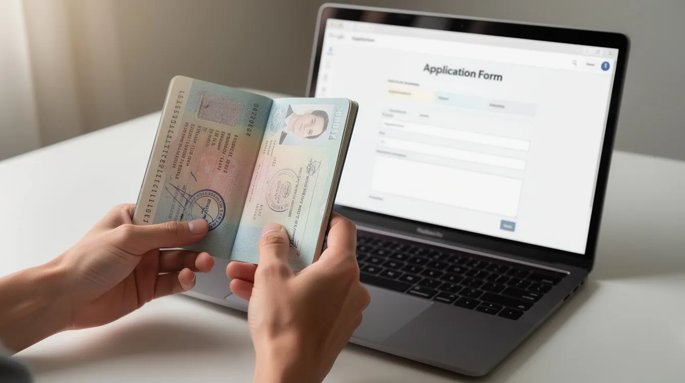 A close-up image shows hands holding an open passport beside a laptop screen displaying a visa application form, highlighting the importance of identity documents for travelers applying for UK visas. The scene emphasizes the process of immigration and the need for applicants to submit accurate documentation to the UK government.