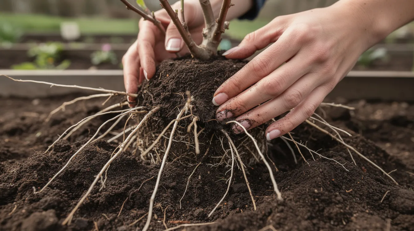 The image shows hands carefully spreading the roots of a bare root berry plant into well-prepared garden soil, ready for planting. This process is essential for establishing healthy raspberry plants that will produce sweet fruit in the growing season.