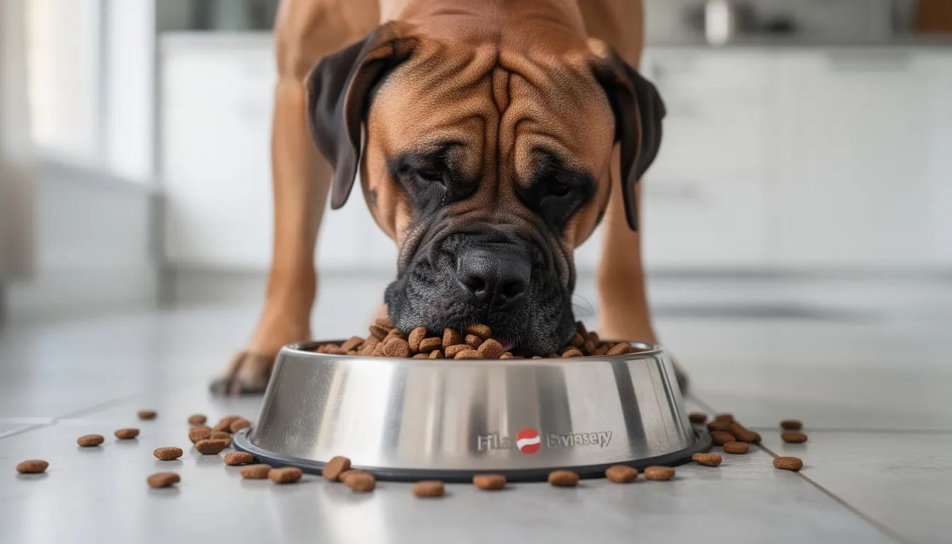 A Fila Brasileiro, known for its imposing size and strong guarding instincts, is seen happily eating high-quality kibble from a dog bowl. The dog’s loose skin and distinctive black mask are visible, showcasing the breed's unique characteristics as it enjoys its meal.