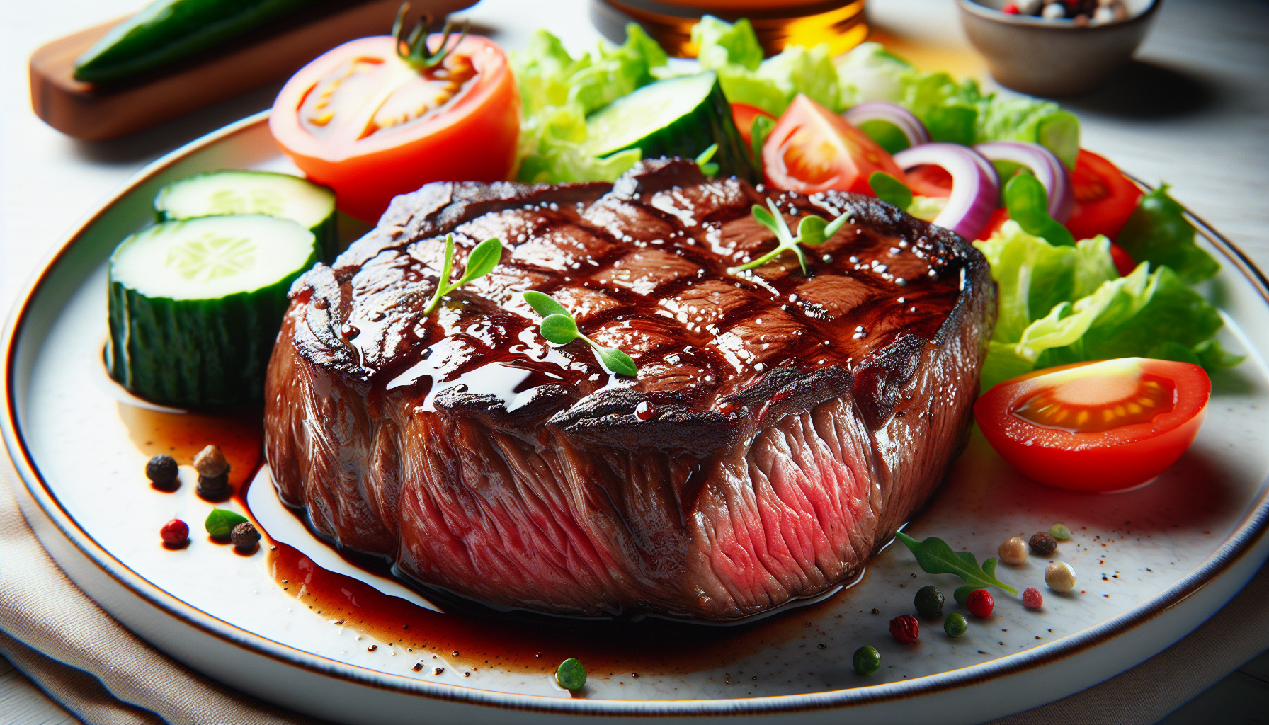 A plate with a juicy, char-broiled steak and a side of fresh salad