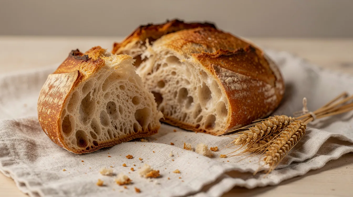 The image shows a single loaf of bread broken open on a linen cloth, accompanied by wheat stalks, symbolizing the significance of bread in the Bible as spiritual food and a representation of life Jesus offers. This scene evokes themes of breaking bread, daily bread, and the deeper significance of bread in both the Old and New Testaments.