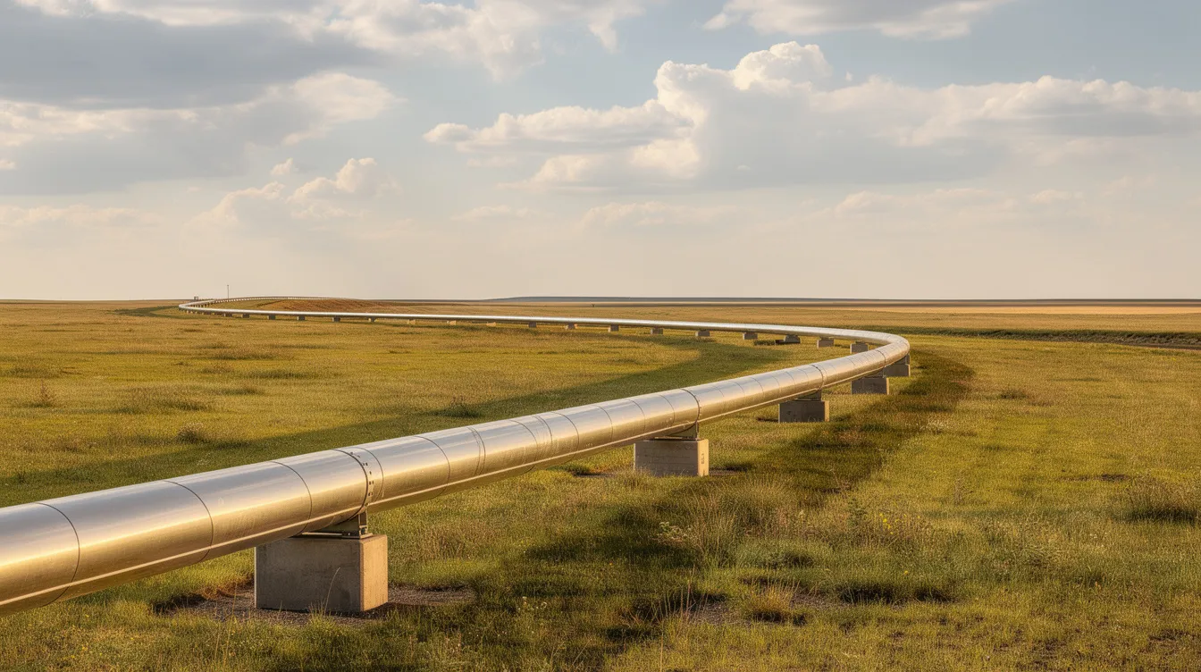 The image depicts a natural gas pipeline extending across a flat rural landscape, surrounded by lush grasslands under a partly cloudy sky, highlighting the infrastructure critical for renewable energy projects. This scene reflects the ongoing development within the energy industry as it transitions towards more sustainable energy resources.