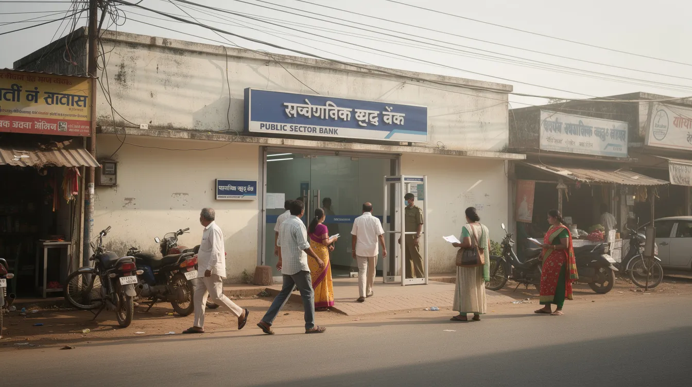 fbfb276f 4cb9 458e 85d9 11479ebc030b The image shows the exterior of a public sector bank branch located in a small Indian town, with several customers entering the building. This bank provides financial support for micro and small enterprises, including services related to mudra loans aimed at promoting income-generating activities and employment creation.