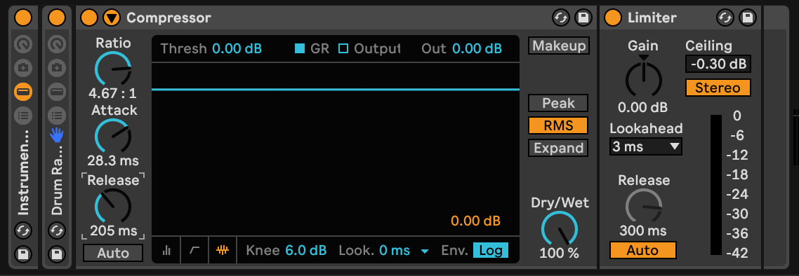 An ableton group with a drum rack, compressor, and limiter