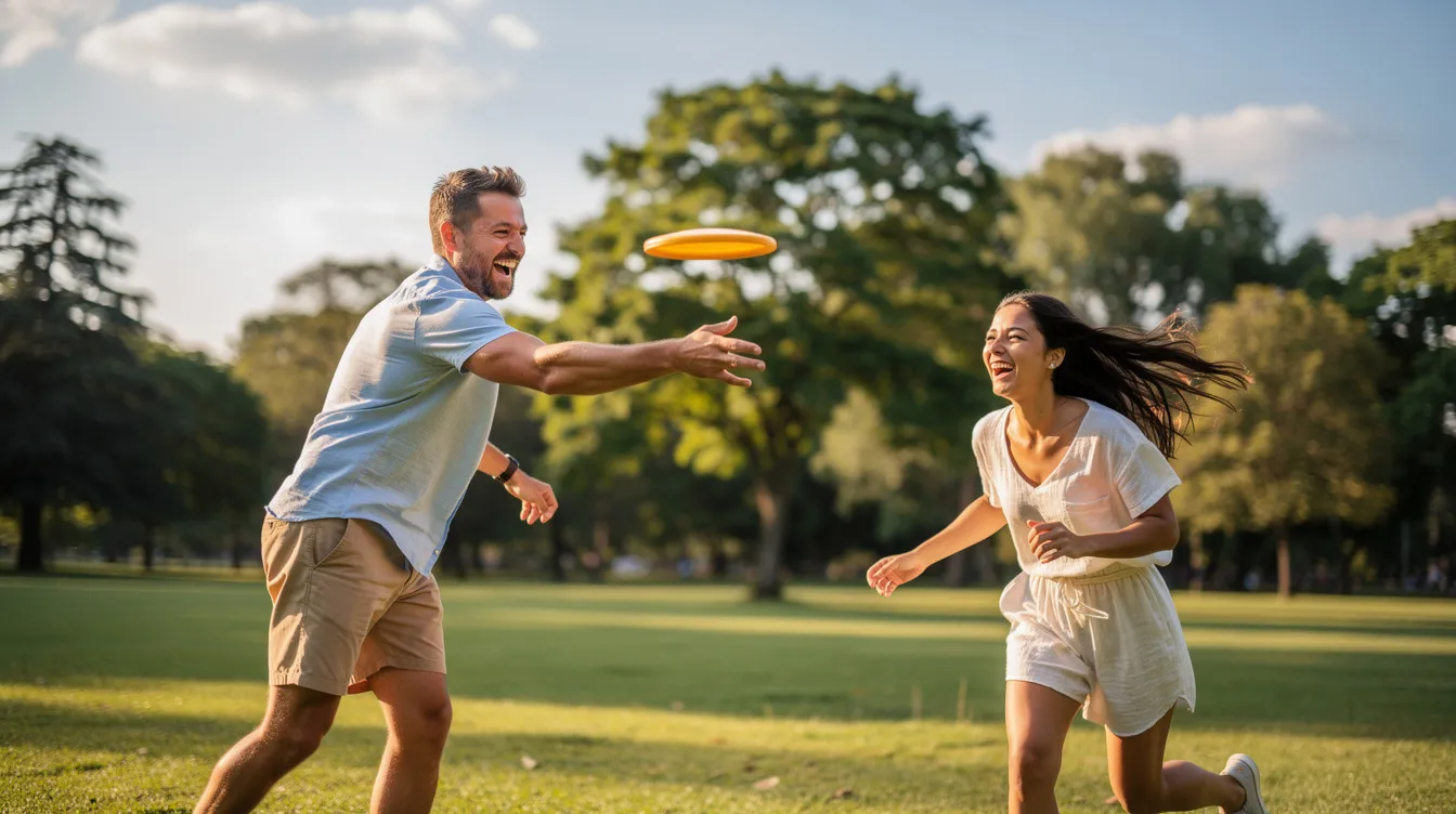A happy couple is engaged in outdoor activities, laughing and enjoying each other's company. This scene captures the essence of meaningful connections often sought through dating apps, highlighting the joy of shared interests and romantic relationships.