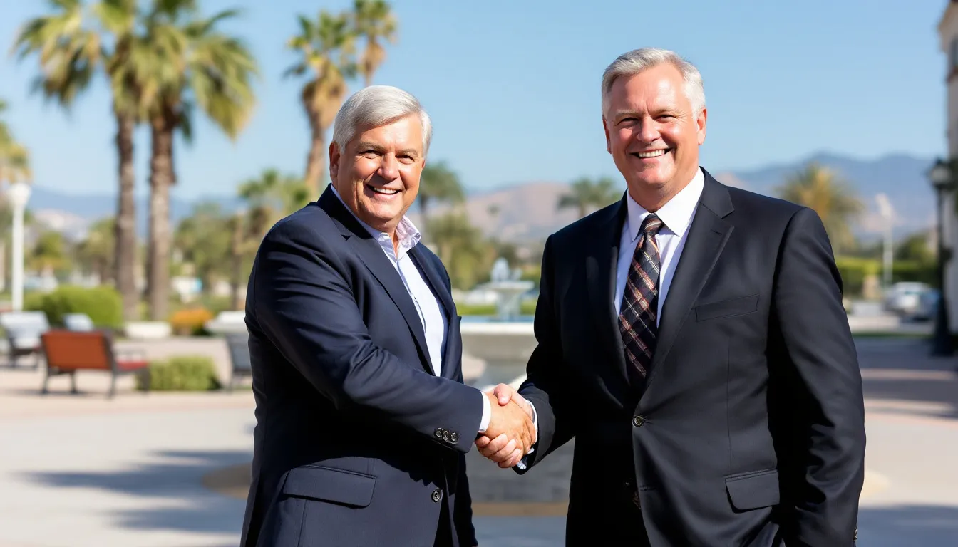 In the image, attorney Andrew Gilliland is shaking hands with a satisfied client in Orange County, California, against a scenic backdrop. This moment symbolizes the successful resolution of estate disputes, highlighting the importance of effective communication and negotiation in legal matters.