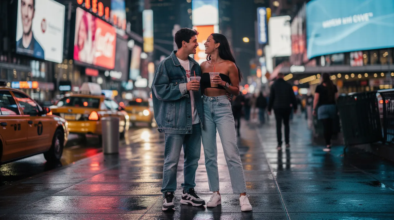 A young Gen Z couple enjoys a casual date in a cozy coffee shop in NYC, engaging in honest conversations while exploring their dating life. They are likely using dating apps to connect, reflecting the modern dating trends of 2026 as they share laughs and build a meaningful connection.