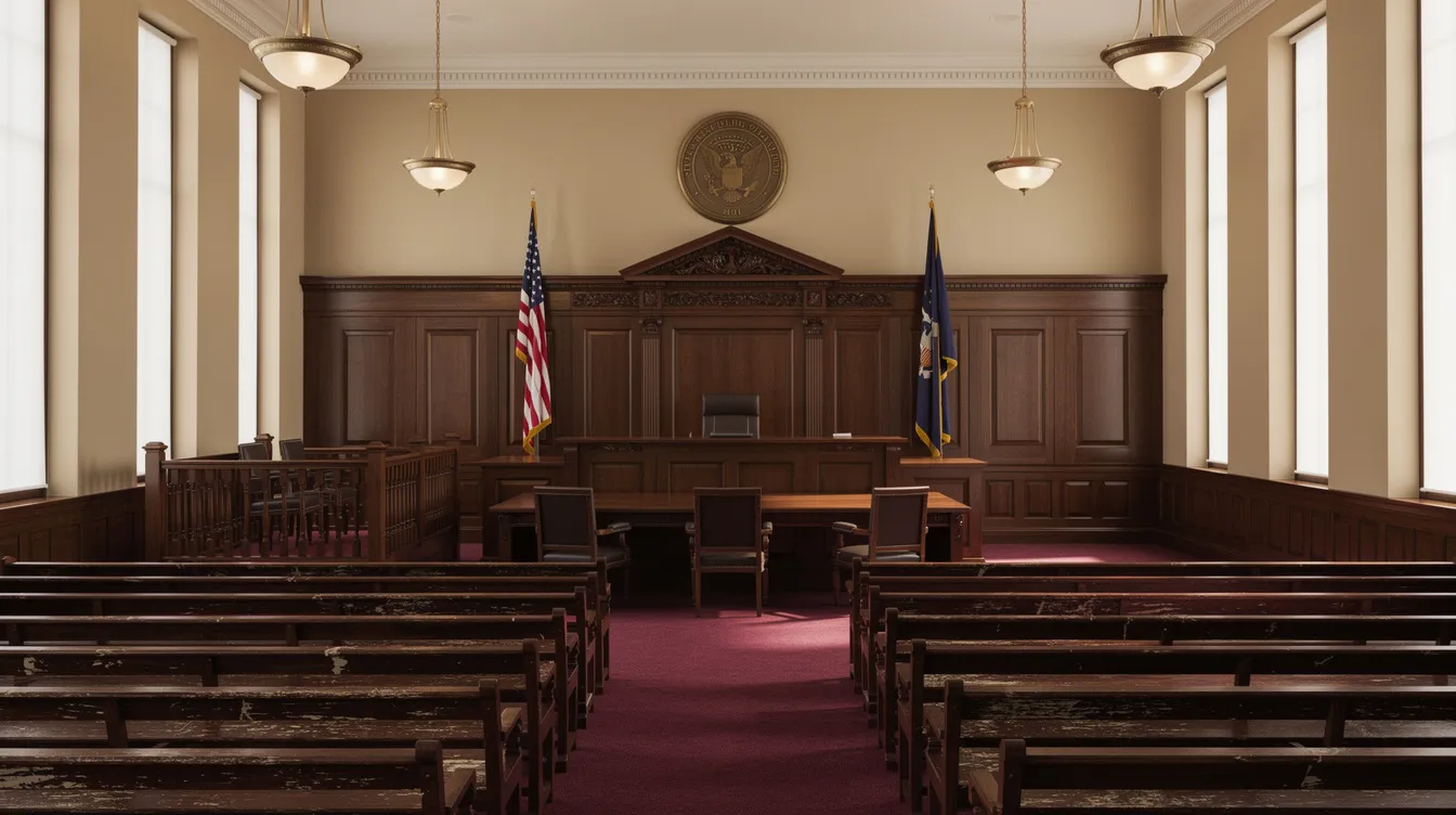 The image depicts a formal courtroom interior with polished wooden benches and an empty judge's bench, creating a serious atmosphere often associated with legal proceedings. This setting is where cases, including those involving bad faith insurance claims under New Mexico law, may be adjudicated.