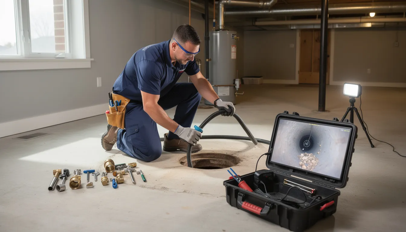 A professional plumber is using advanced camera equipment to inspect a residential sewer line, addressing potential issues like clogged drains and hidden problems. This thorough inspection is crucial for effective sewer line repair and ensuring the proper functioning of the sewer system in homes.