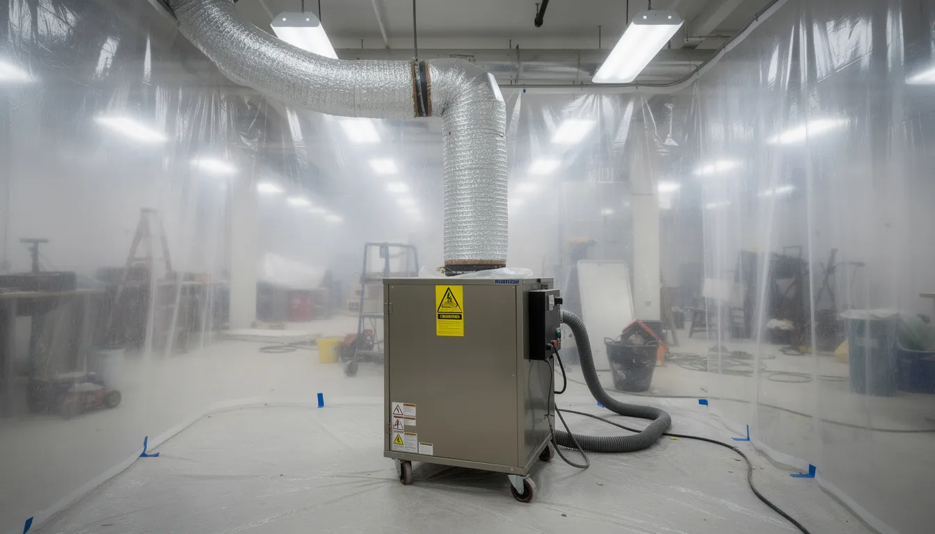 An industrial HEPA air scrubber is actively operating in a plastic-contained work area, designed to improve indoor air quality by filtering out mold spores and other contaminants. This setup is crucial for the mold remediation process, ensuring a safe environment during mold removal and inspection in commercial properties.